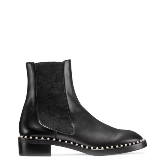 Pre-owned Stuart Weitzman Cline Pearly Studded Leather Chelsea Booties Black EU4 - Picture 2 of 11